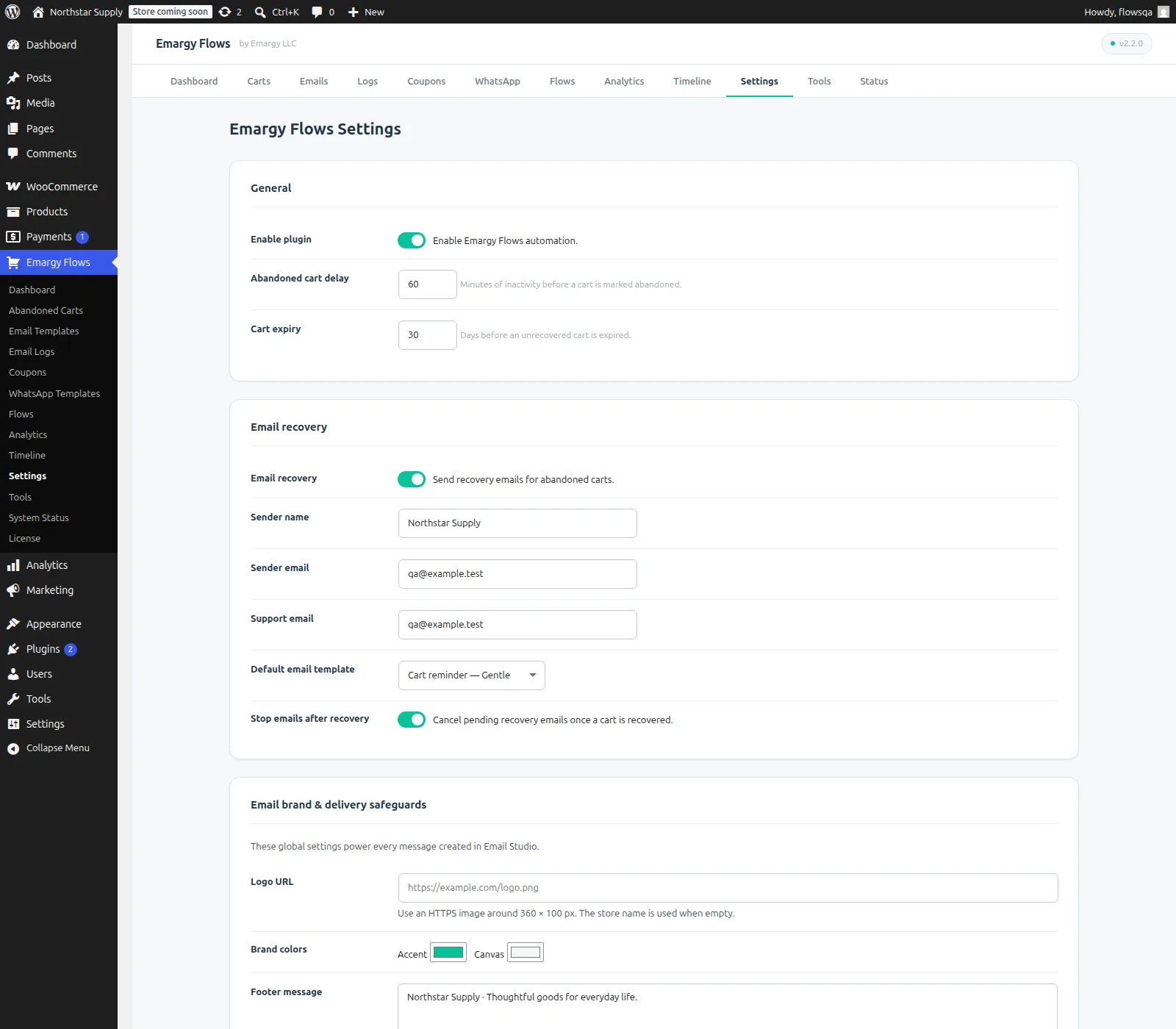 Emargy Flows settings showing email branding, quiet hours, frequency caps, and tracking controls