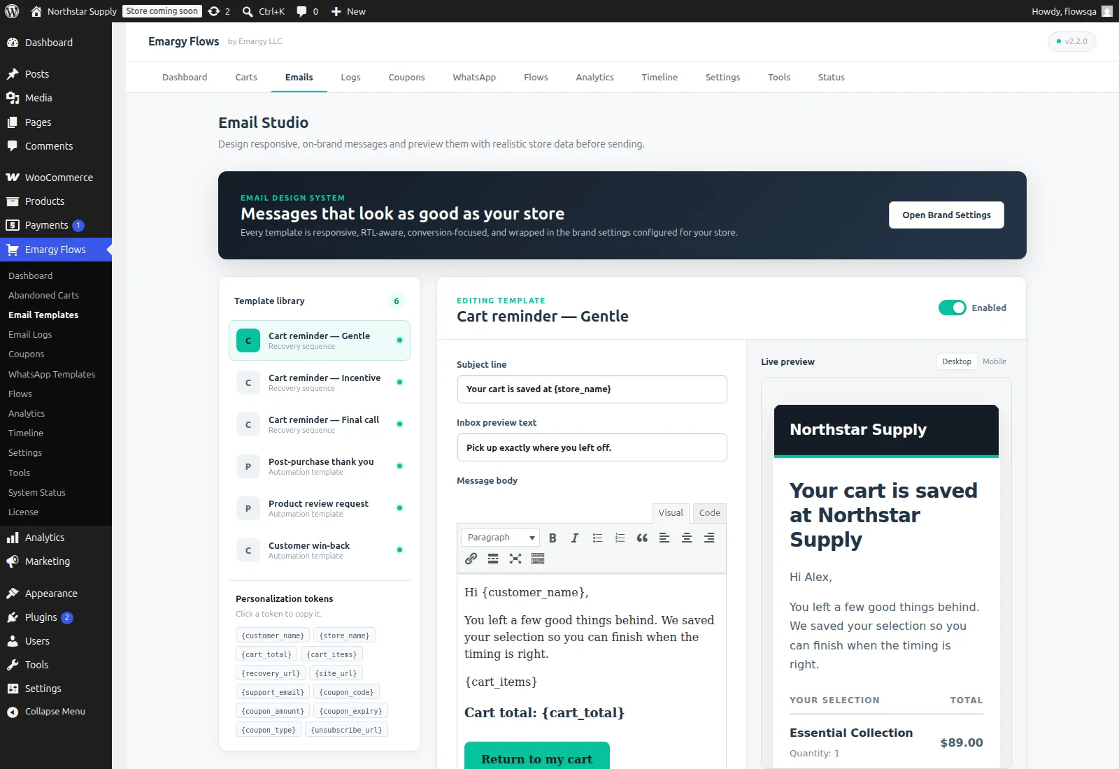 Emargy Flows email studio interface