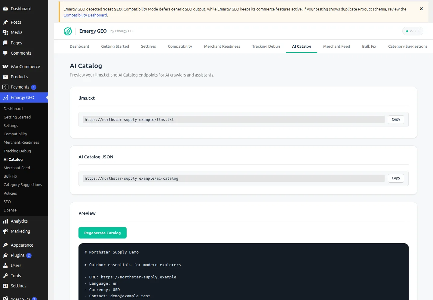 Emargy GEO AI Catalog screen showing llms.txt and AI Catalog endpoints with a content preview