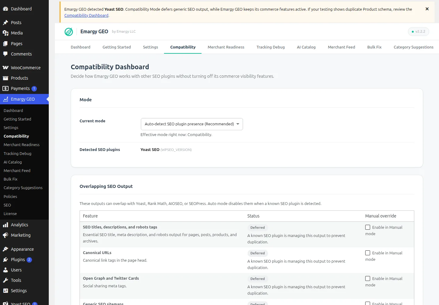 Emargy GEO Compatibility Dashboard detecting Yoast SEO and deferring overlapping output