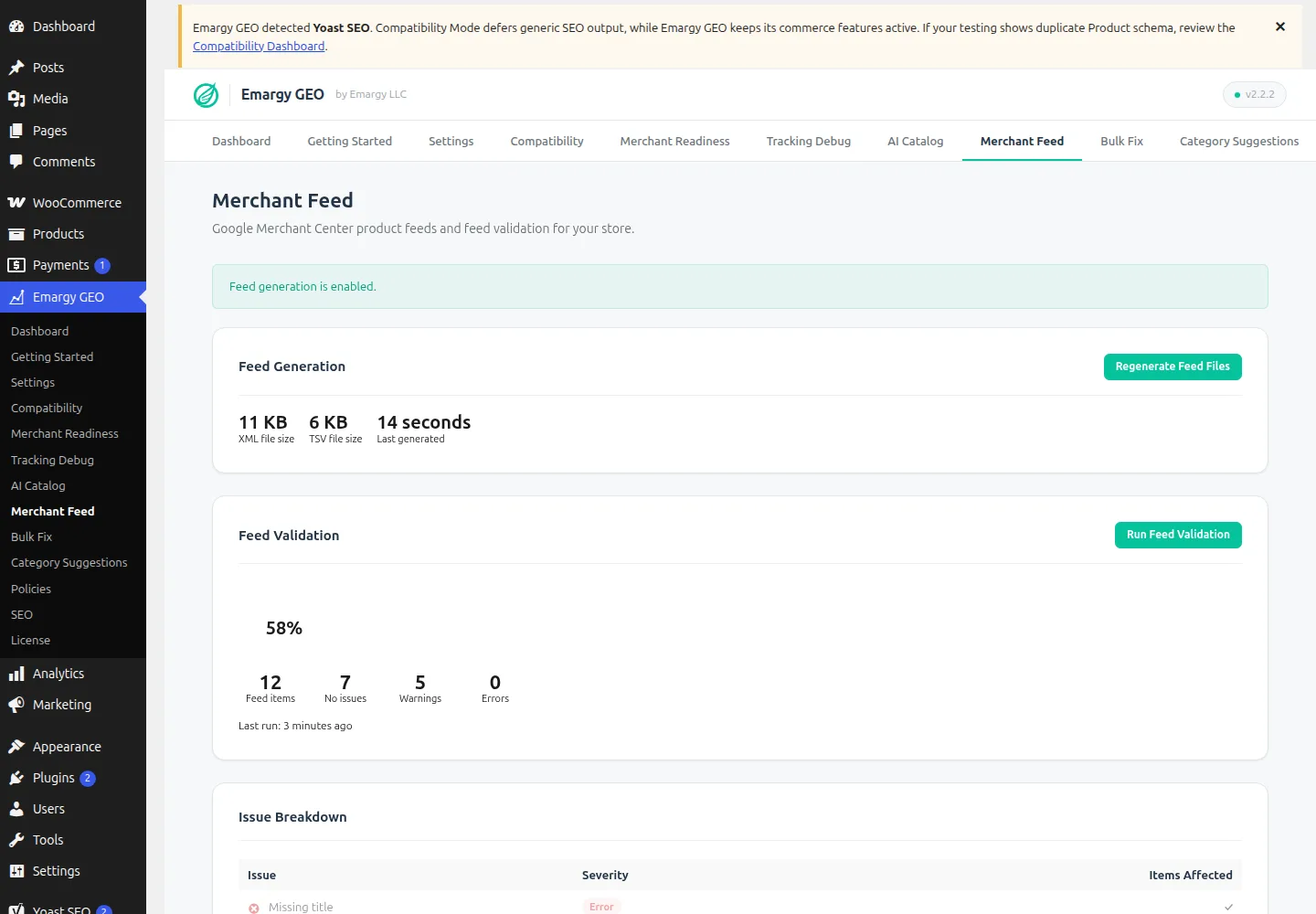 Emargy GEO Merchant Feed screen with generation status, validation summary, and feed URLs