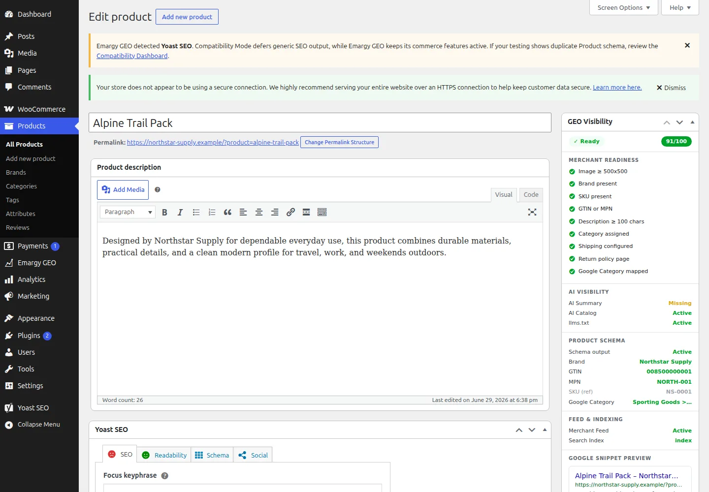 WooCommerce product editor with the Emargy GEO Visibility panel and a 91 out of 100 readiness score