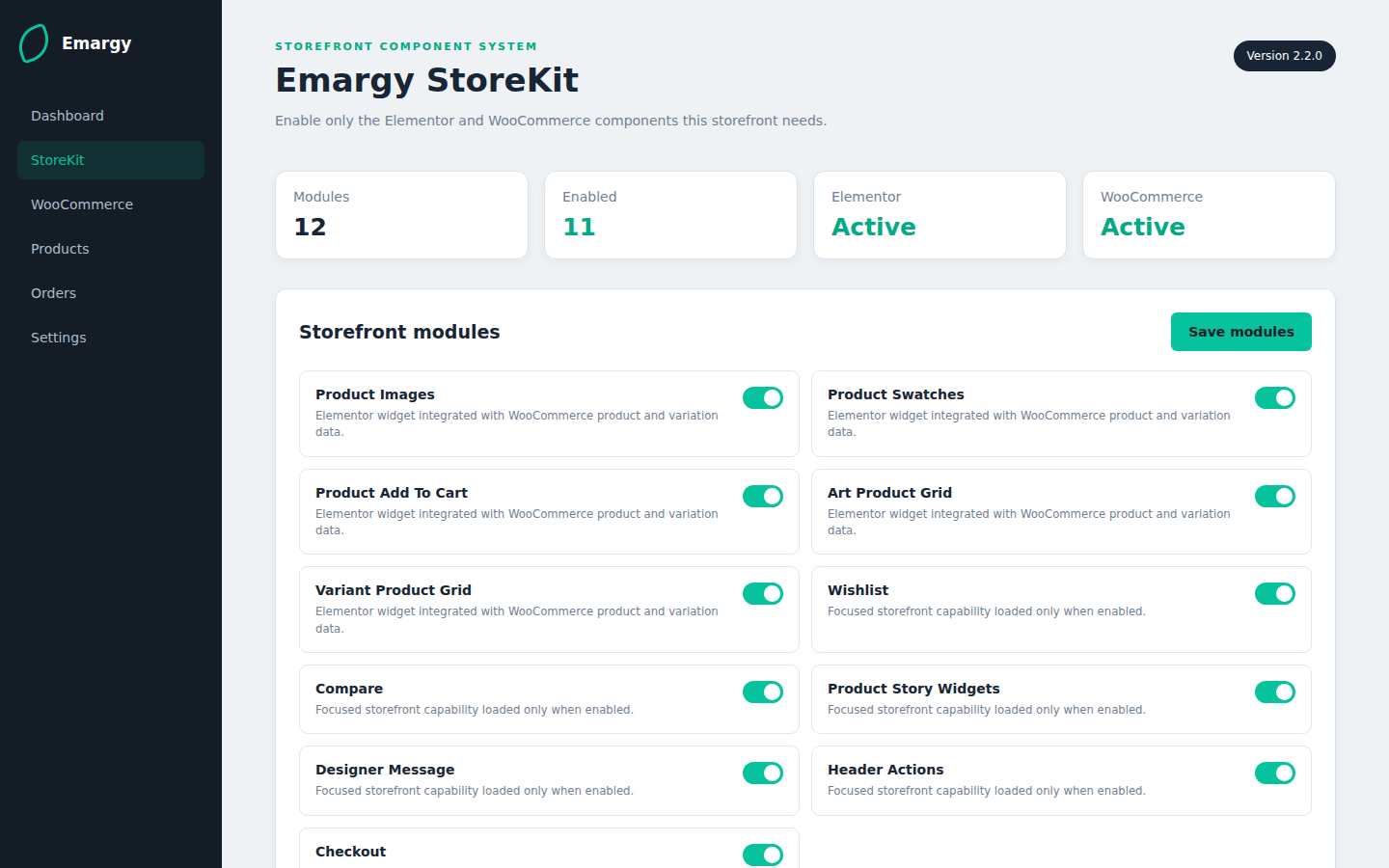 Emargy StoreKit module dashboard with Elementor and WooCommerce component toggles
