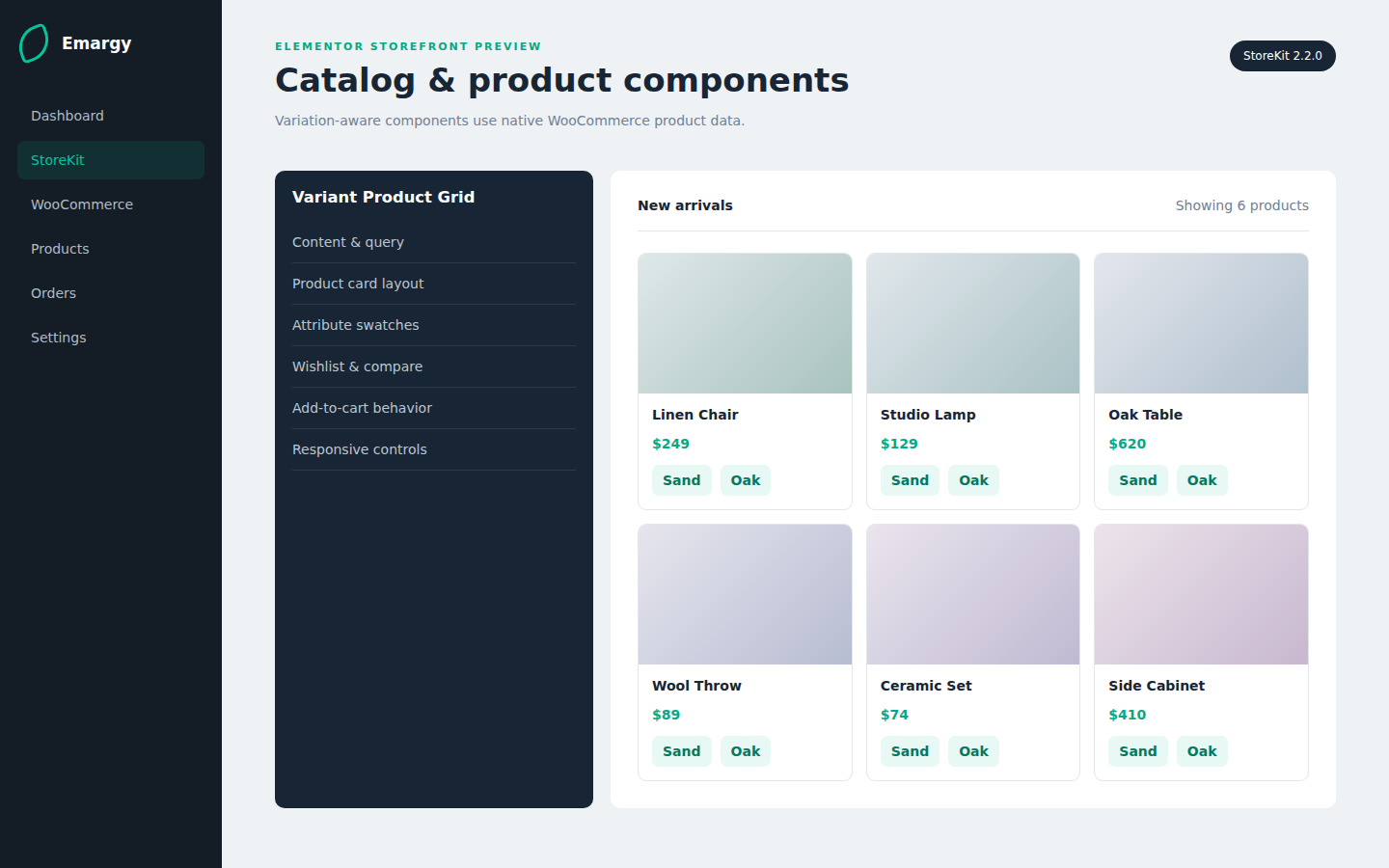 Emargy StoreKit variant product grid controls and storefront preview