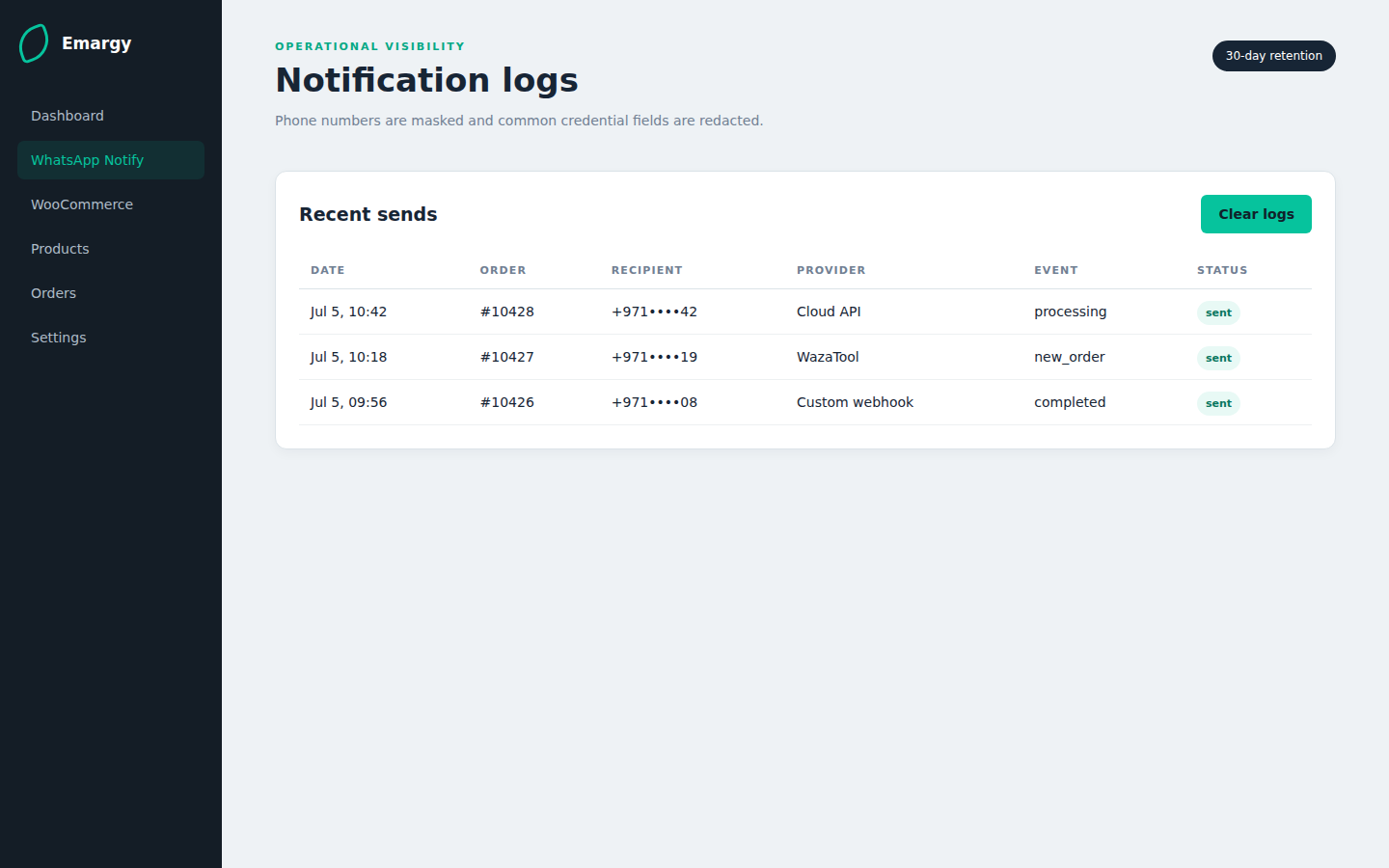 Emargy WhatsApp Notify operational log with masked recipient phone numbers