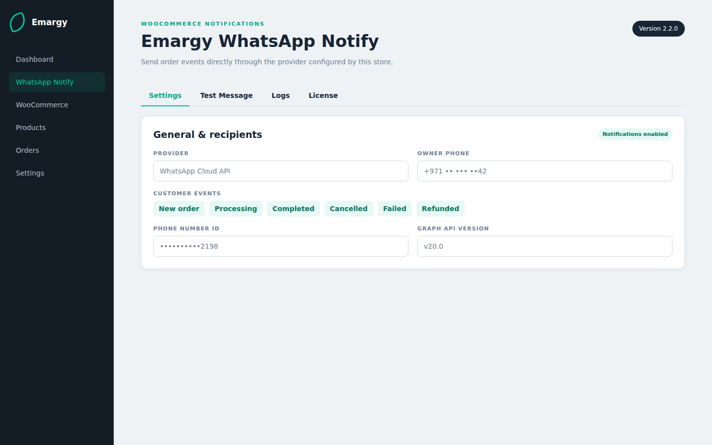 Emargy WhatsApp Notify settings with Cloud API and order event selection