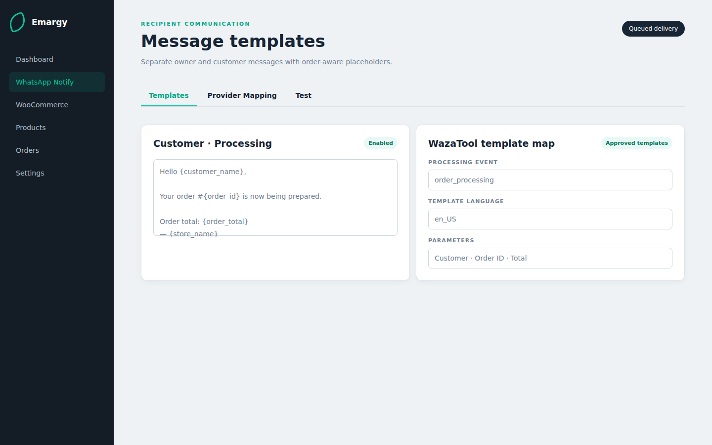 Emargy WhatsApp Notify customer template and approved provider template mapping