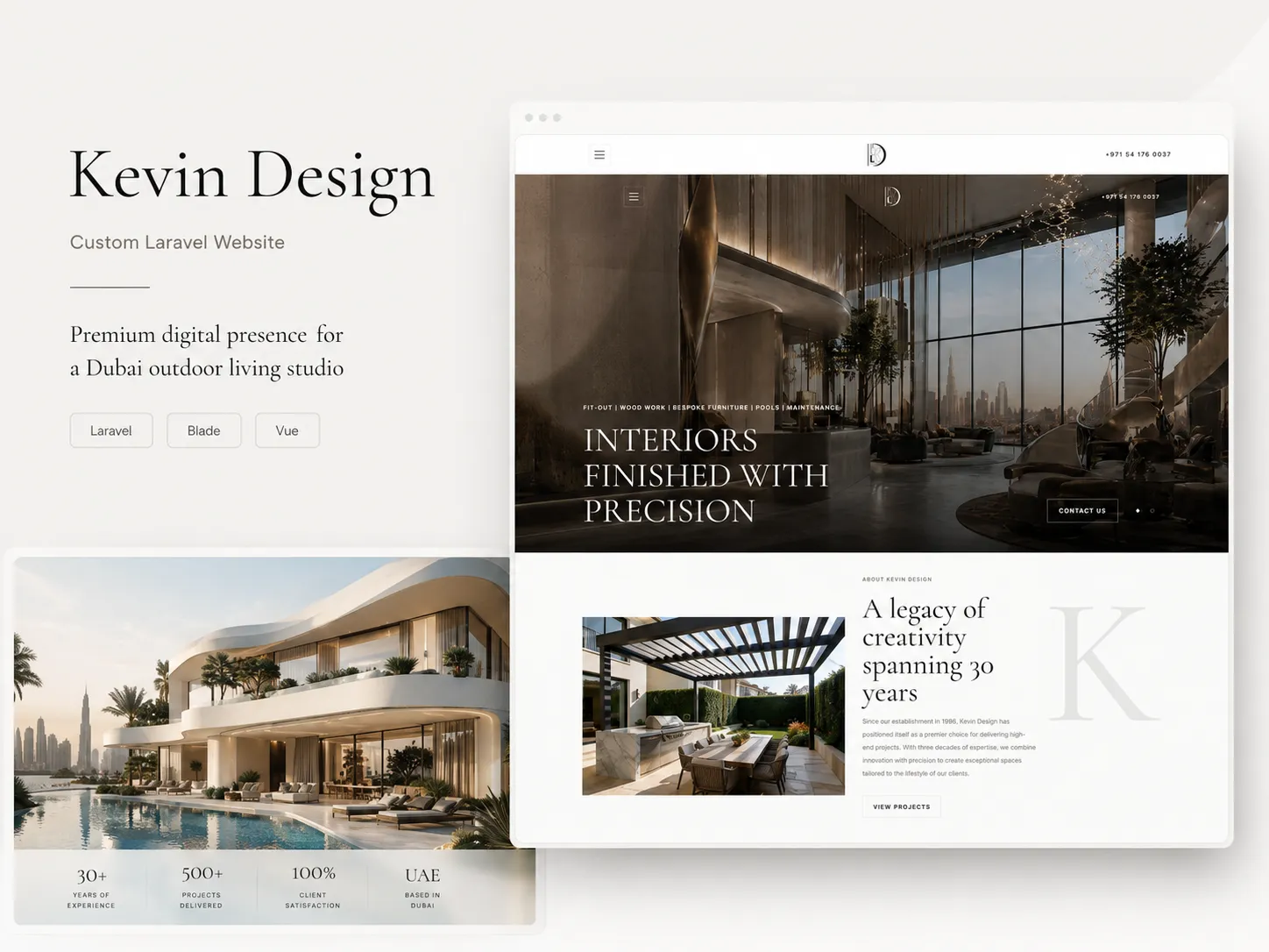 Custom Laravel website for Kevin Design, presenting a premium digital presence for a Dubai outdoor living studio.
