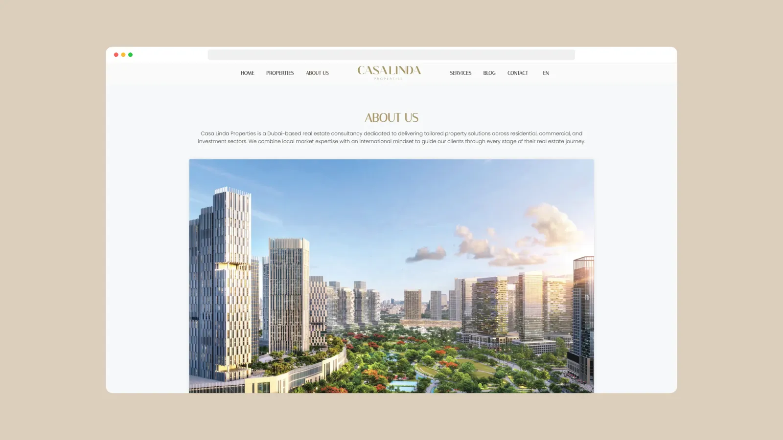A brand and service presentation layer that positions Casa Linda as a Dubai-focused real estate advisory firm.