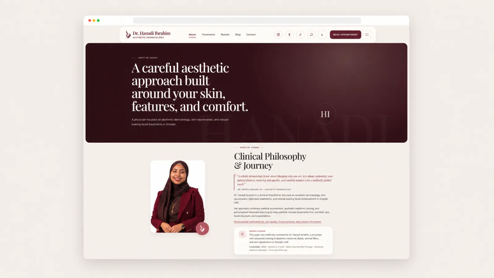 A dedicated about page presenting Dr. Hanadi’s clinical philosophy and patient-centered approach.
