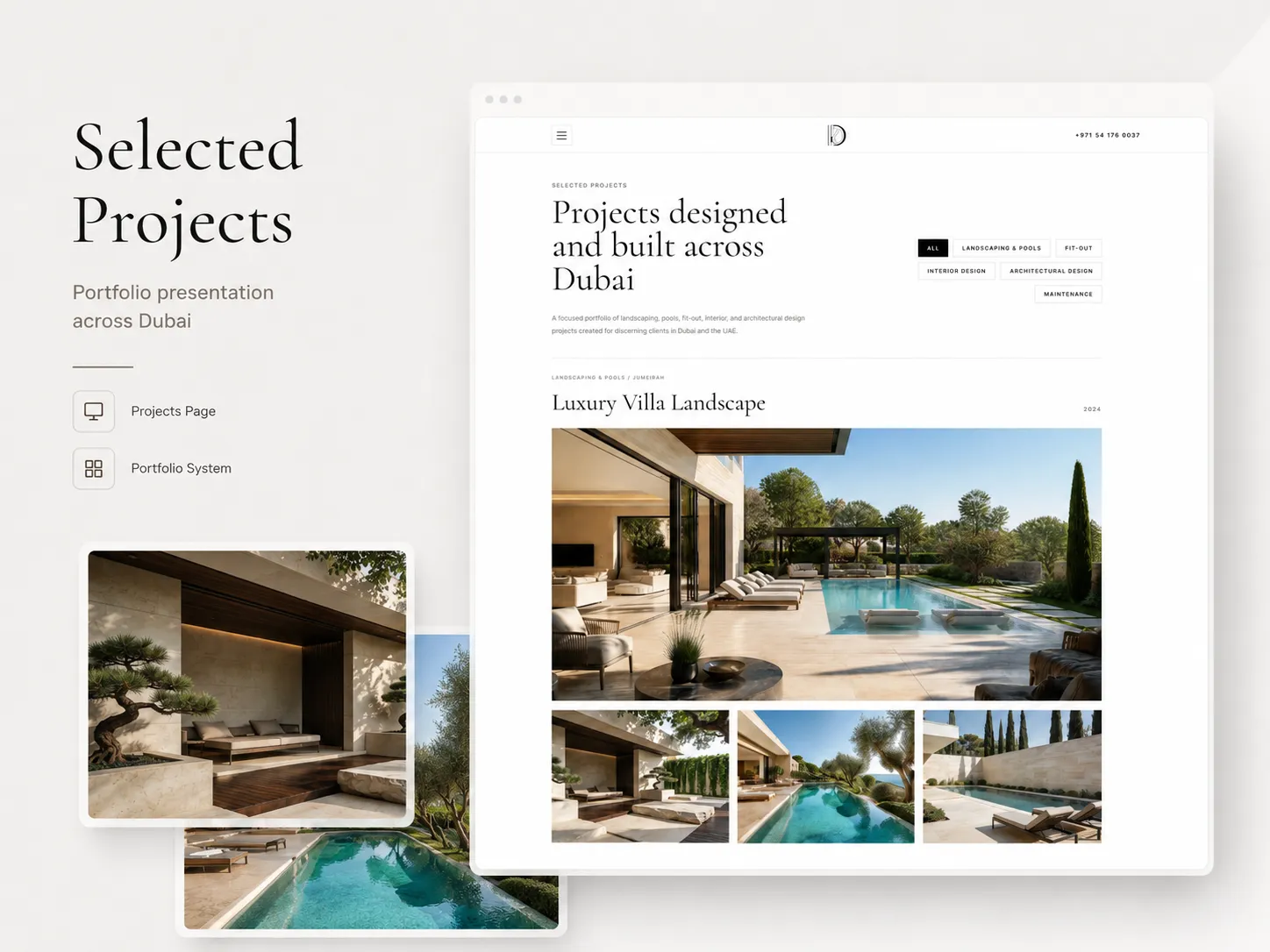 Portfolio system designed to showcase landscaping, pools, fit-out, and outdoor living projects across Dubai.