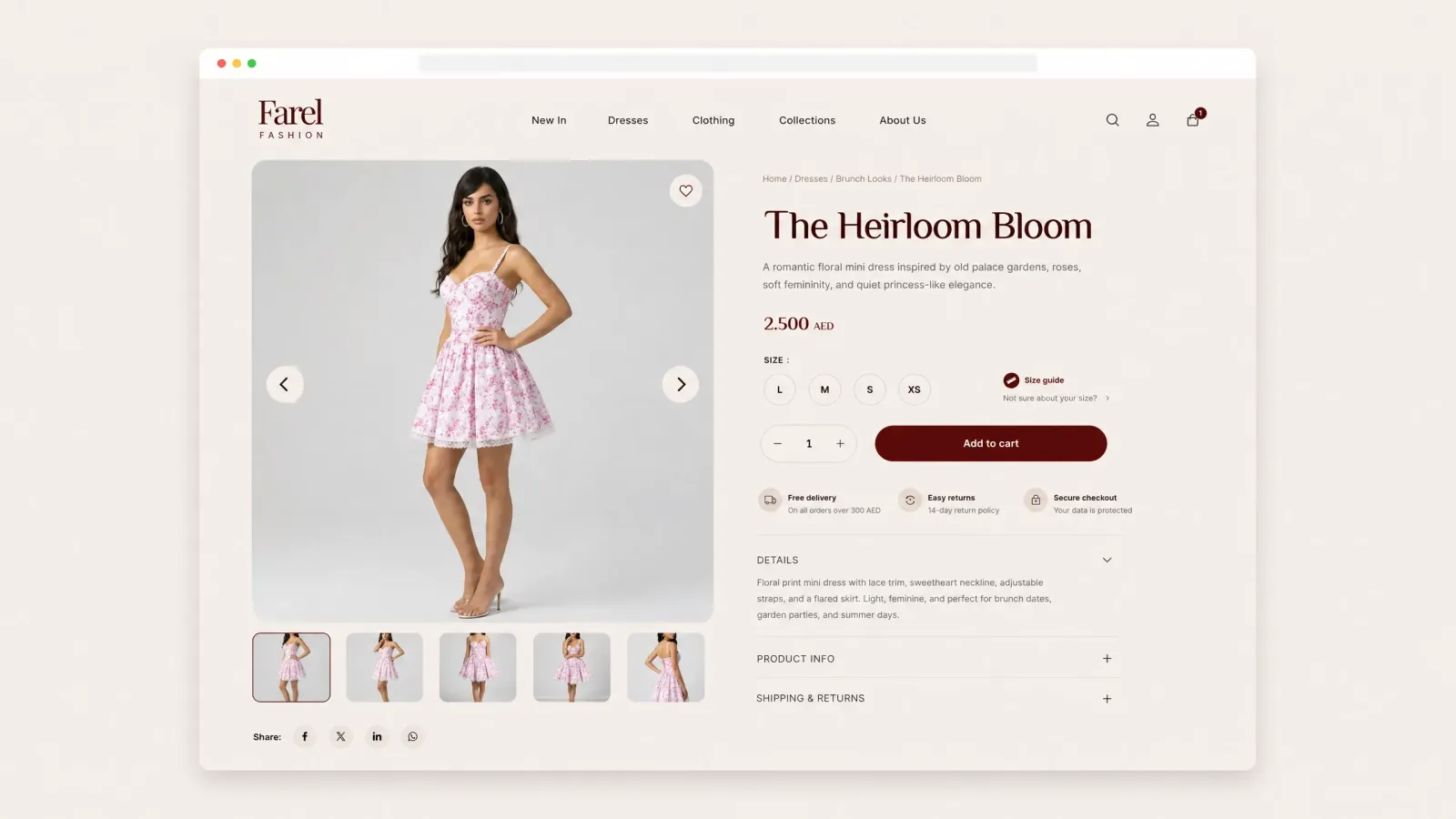 A premium product page designed to highlight dress imagery, pricing, size selection, delivery trust points, and a smooth add-to-cart experience.