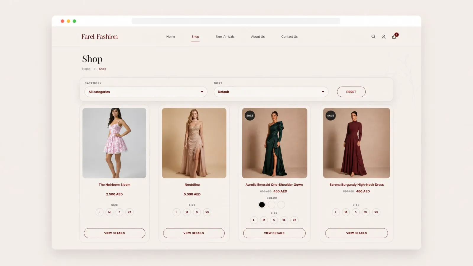 A refined shop experience with clean filters, elegant product cards, size options, sale badges, and a clear path from browsing to product details.