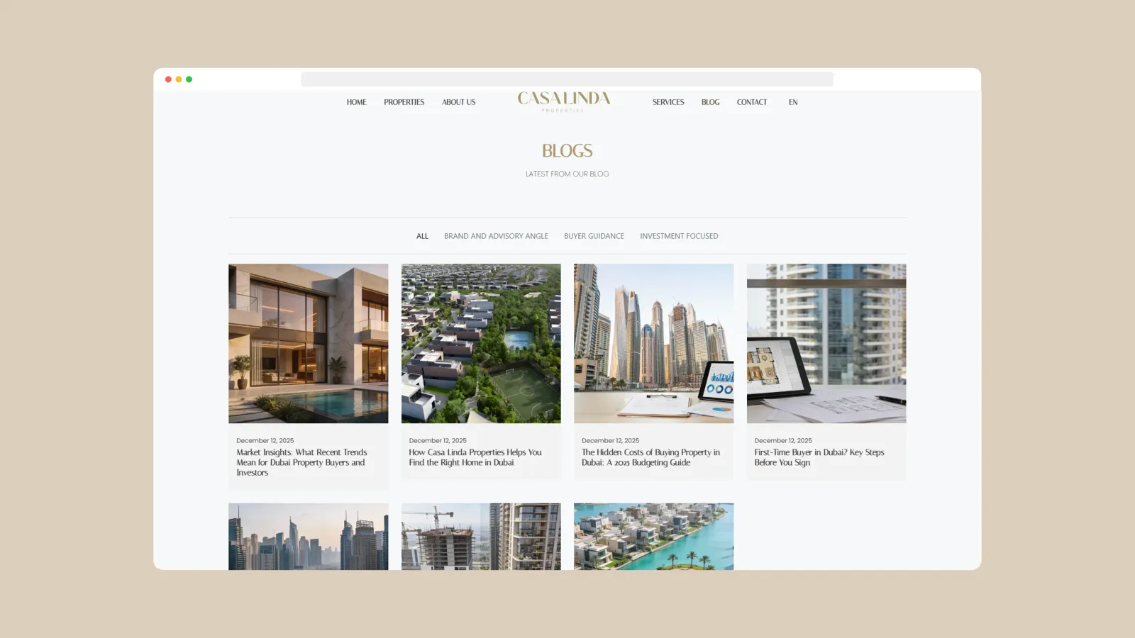 A brand and service presentation layer that positions Casa Linda as a Dubai-focused real estate advisory firm.