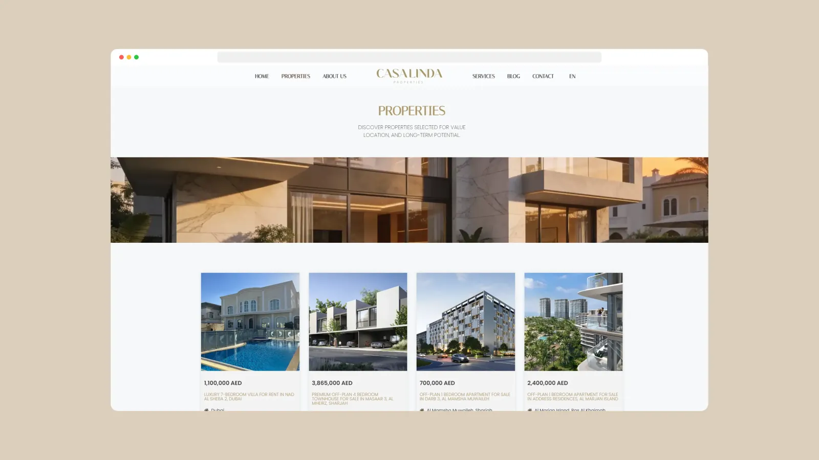 A structured property listing page showing prices, locations, bedrooms, bathrooms, and property sizes in a clear browsing flow.