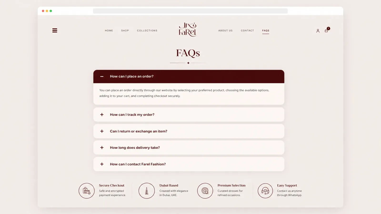A customer-care FAQ page designed to answer common shopping, delivery, return, and support questions in a simple expandable layout.