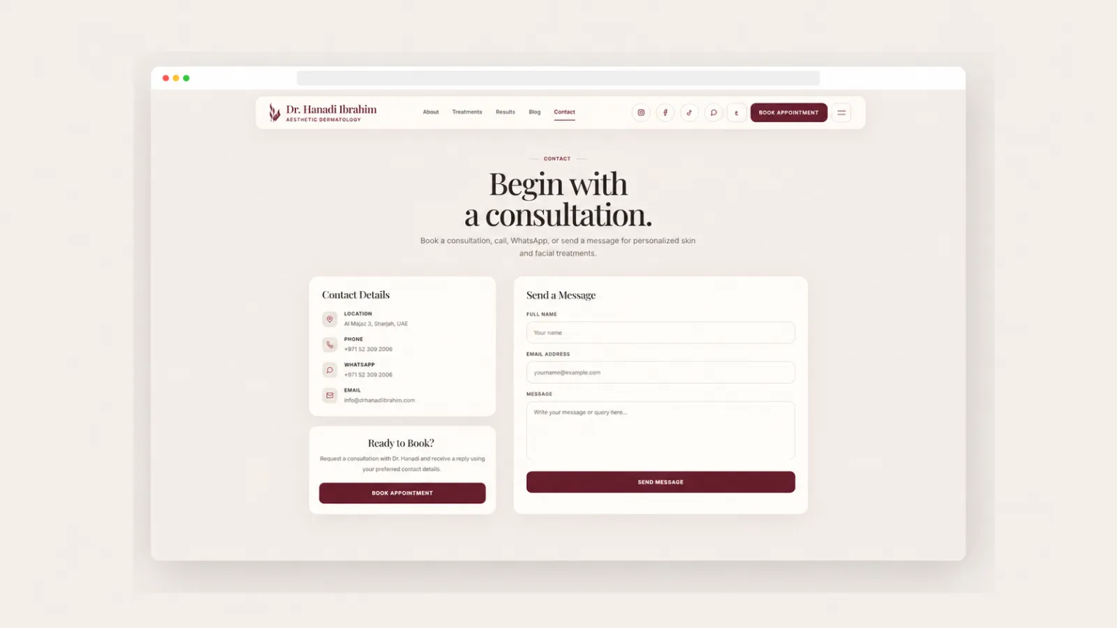 A dedicated mobile profile giving patients fast access to booking, WhatsApp, and treatments.