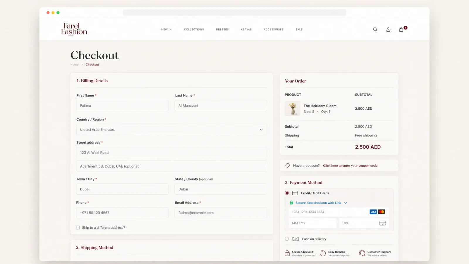 A streamlined checkout flow with billing details, order summary, shipping options, and integrated payment methods for a smoother purchase experience.