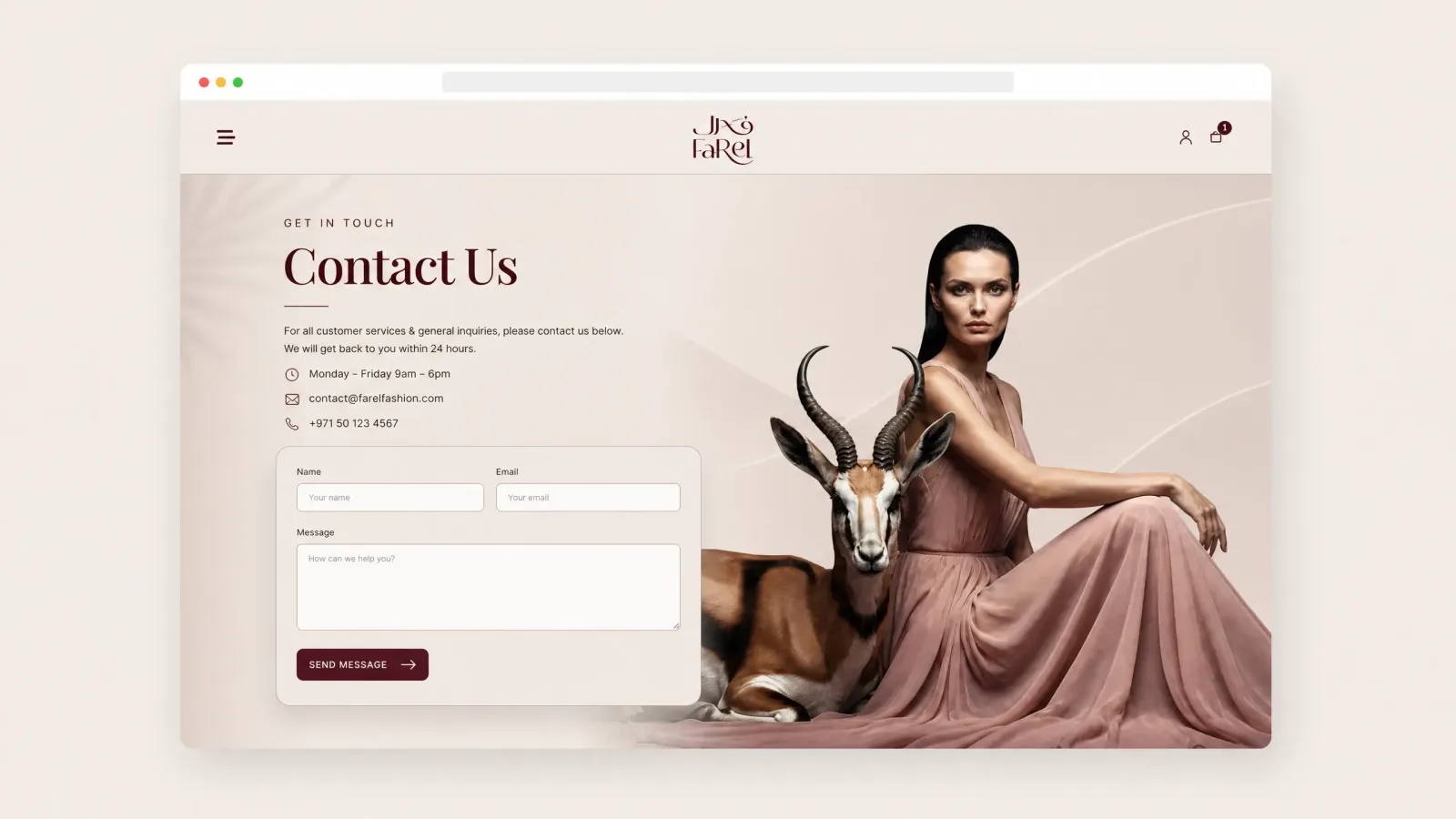A branded contact page combining customer service information, a clean inquiry form, and a luxury visual direction aligned with Farel Fashion’s identity.