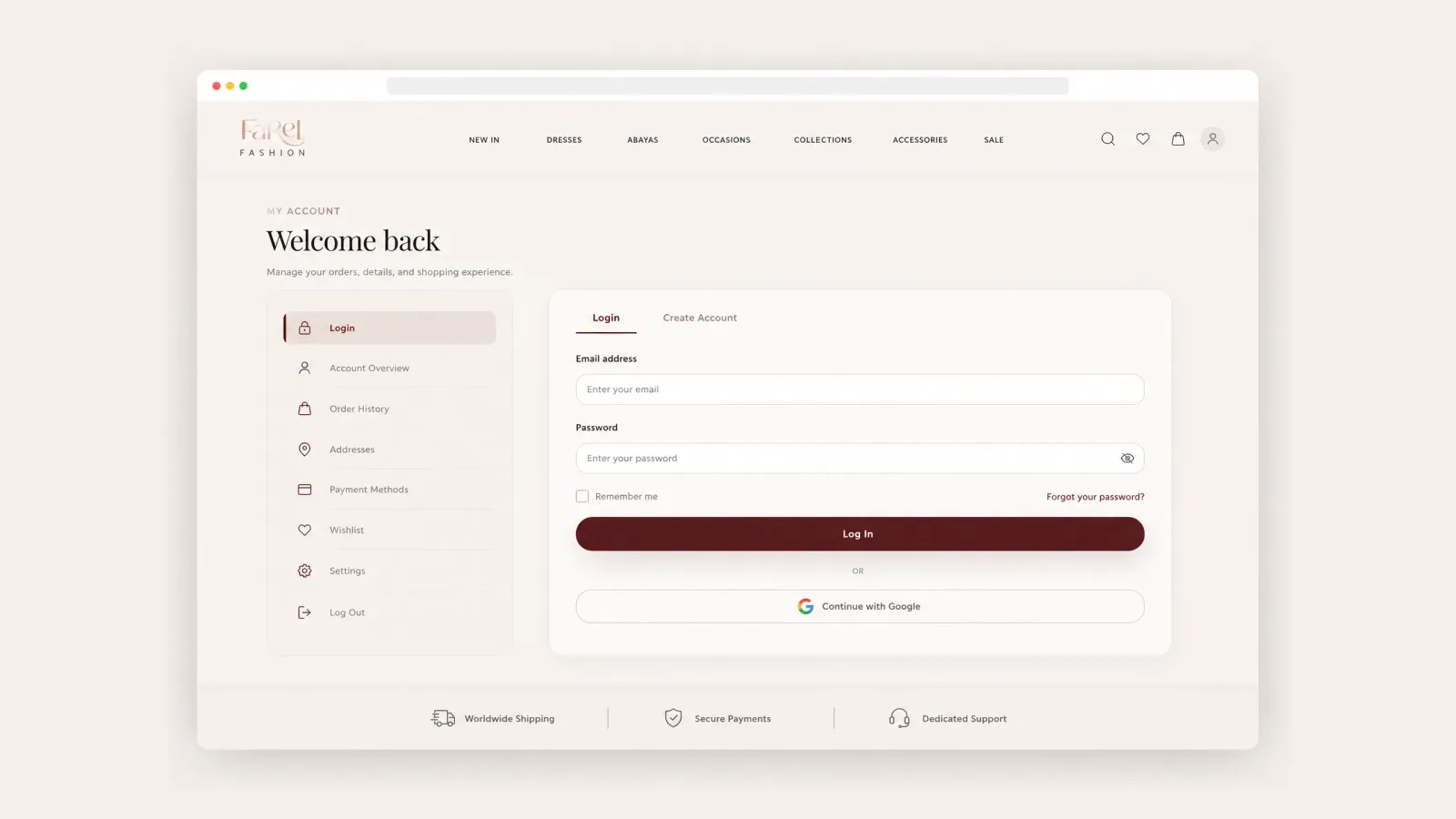 A redesigned account area for login, registration, order history, addresses, payment methods, wishlist access, and customer self-service.