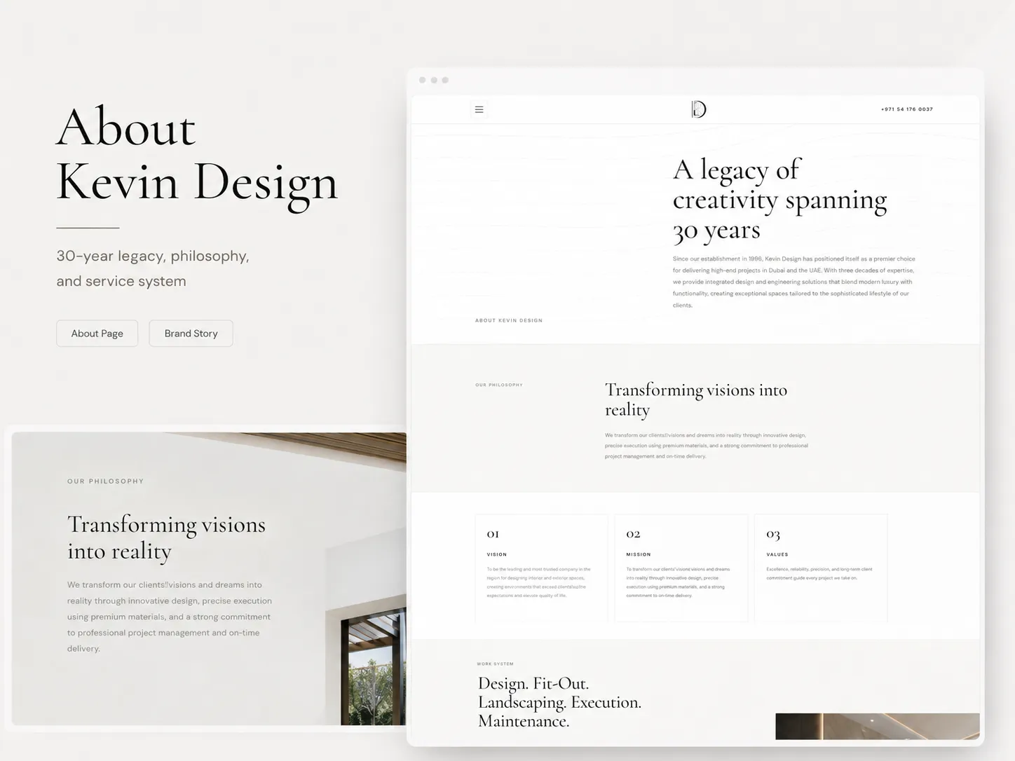 Brand story and about page design highlighting Kevin Design’s 30-year legacy, philosophy, and service system.