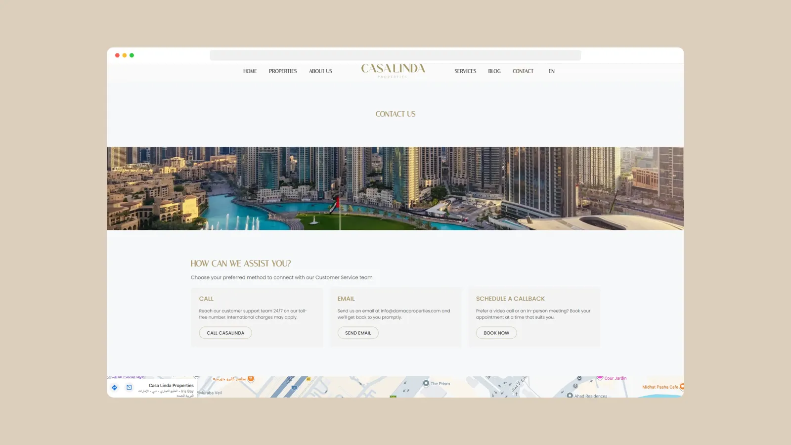 A brand and service presentation layer that positions Casa Linda as a Dubai-focused real estate advisory firm.