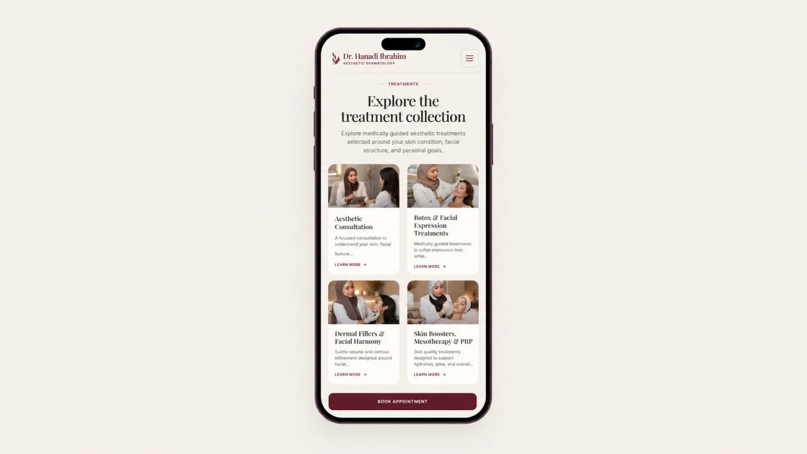 A mobile-first treatment collection designed for quick browsing and direct patient action.
