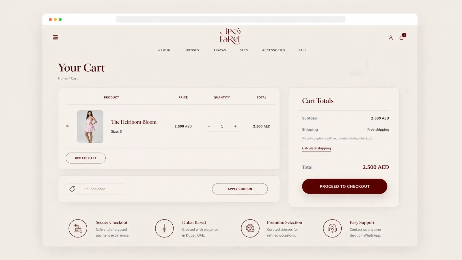 A customized cart page with clear product details, quantity controls, coupon support, order totals, and a prominent checkout action.