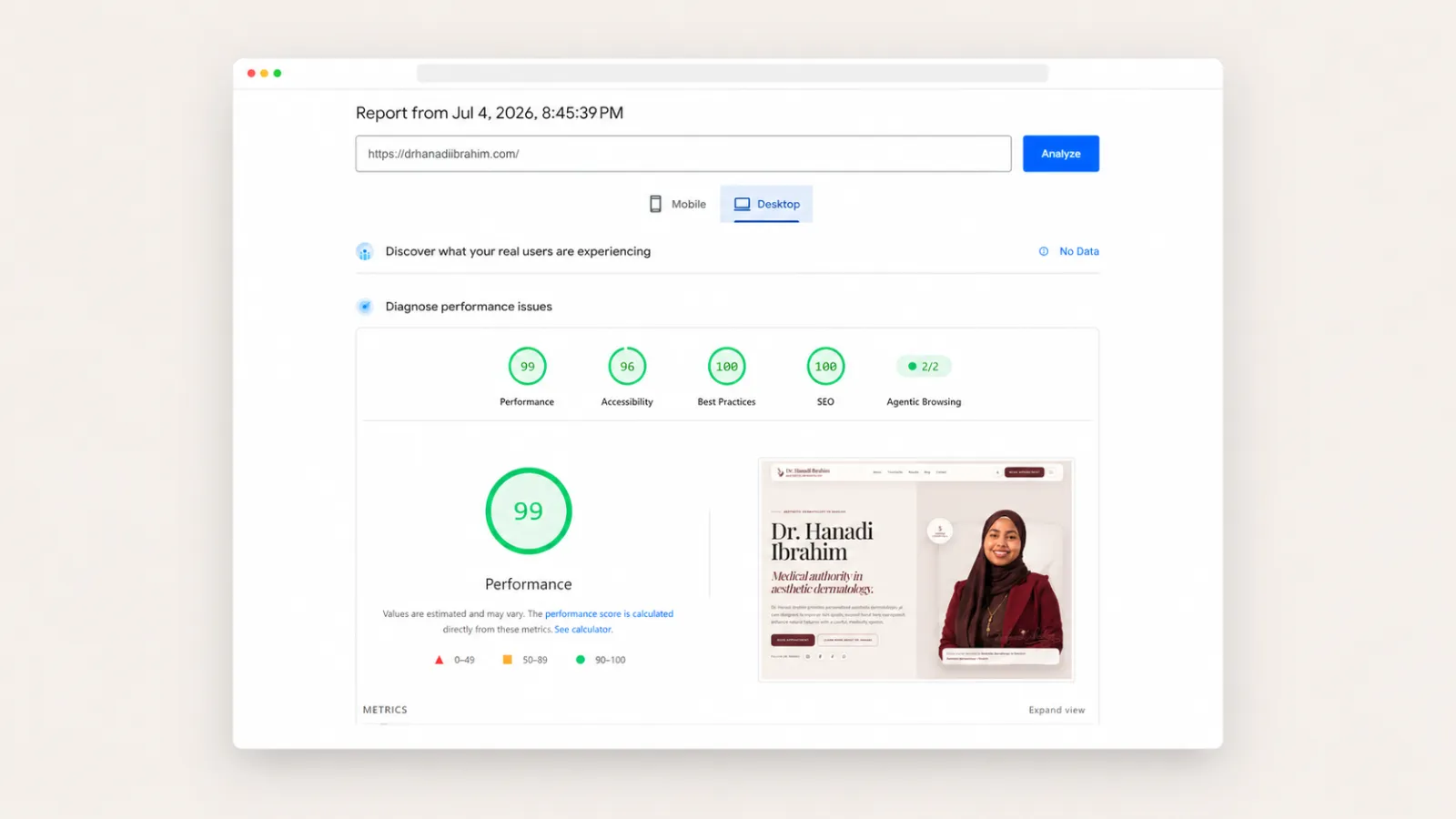 A high-performing desktop experience validated through strong PageSpeed results.