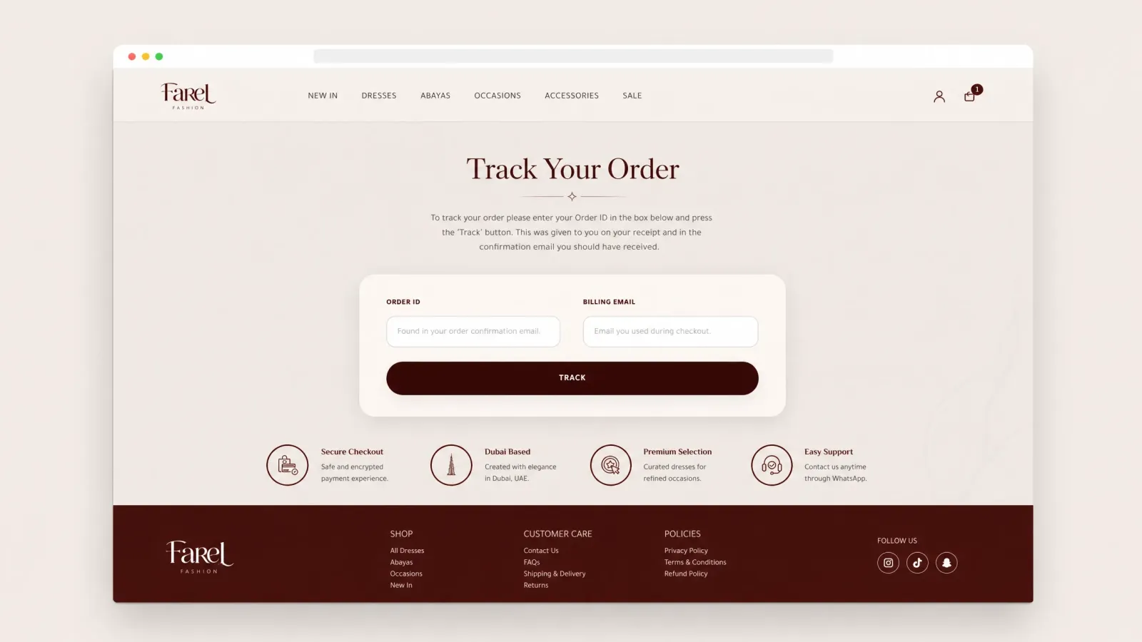 An order tracking page that helps customers check their purchase status using their order ID and billing email, supported by clear service trust points.