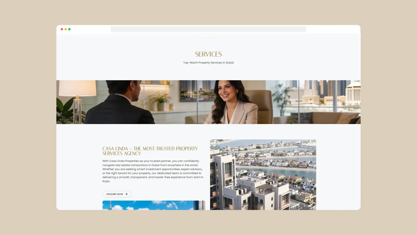 A brand and service presentation layer that positions Casa Linda as a Dubai-focused real estate advisory firm.