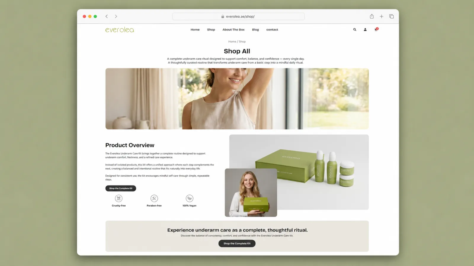 Shop page layout created to present the product collection with a simple browsing experience and strong visual focus on the brand’s core offering.