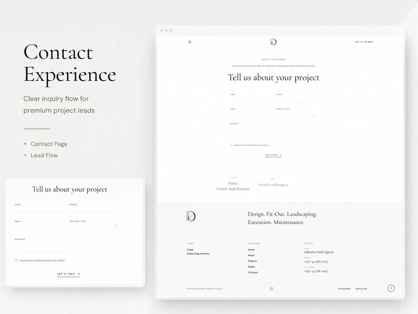 Clean contact experience designed to guide premium project inquiries through a focused lead flow.